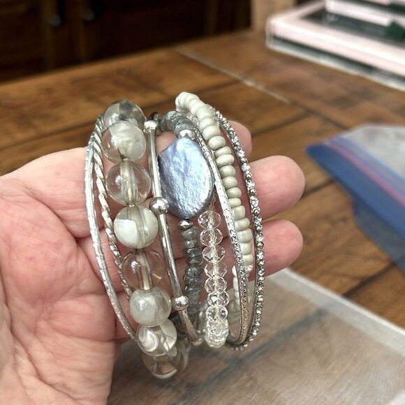 Vintage to Modern Silver gray blue and Cream Beaded Bangle Set 9 total - Picture 2 of 3